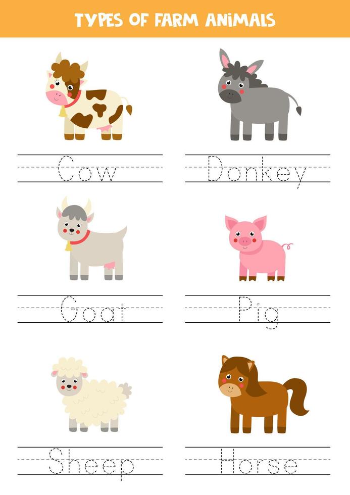 Tracing names of farm animals. Writing practice. vector