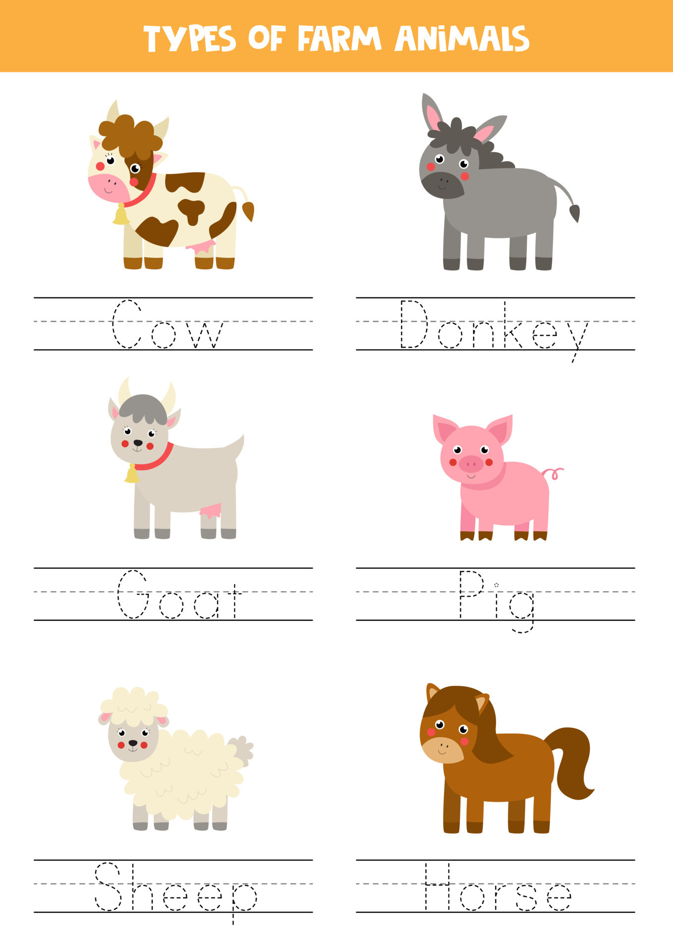 Tracing names of farm animals. Writing practice. 8007838 Vector Art at Vecteezy Tracing names of farm animals. Writing practice. 8007838 Vector Art at Vecteezy