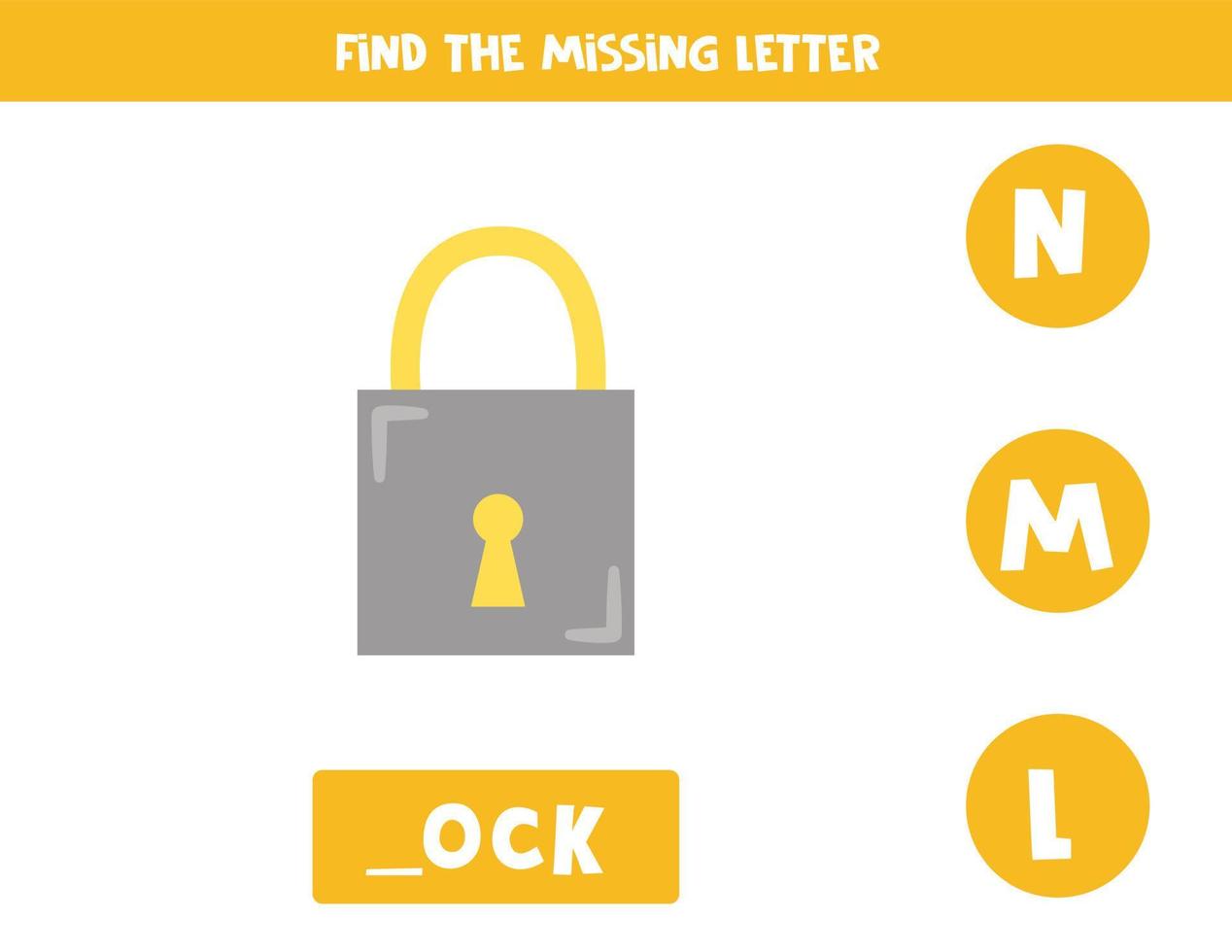 Find missing letter with metal lock. Spelling worksheet. vector