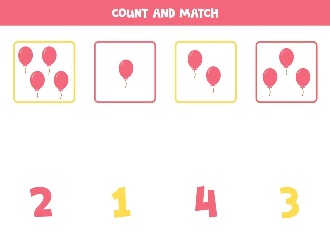 Counting game for kids. Count all pink balloons and match with numbers. Worksheet for children. vector