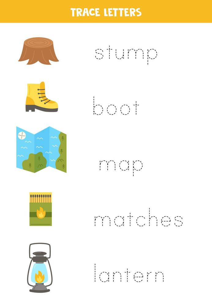 Tracing names of cute camping elements. Writing practice. vector