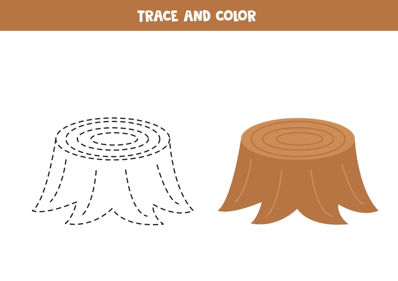 Trace and color cartoon stump. Worksheet for children. vector