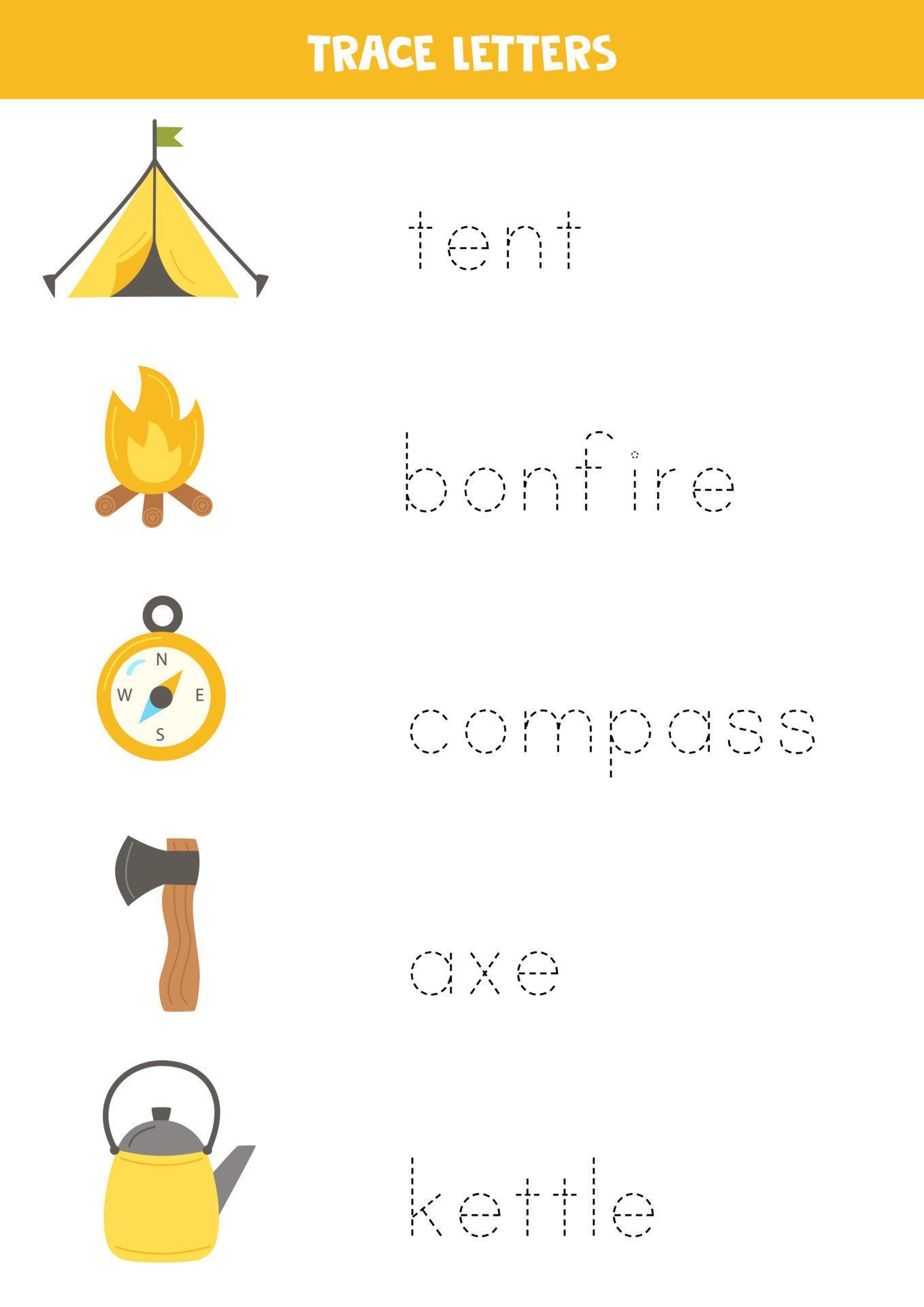 Tracing names of cute camping elements. Writing practice. 8007858