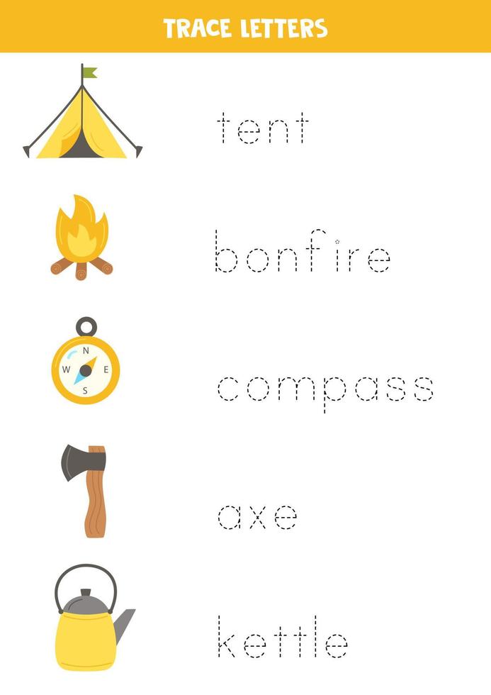 Tracing names of cute camping elements. Writing practice. vector