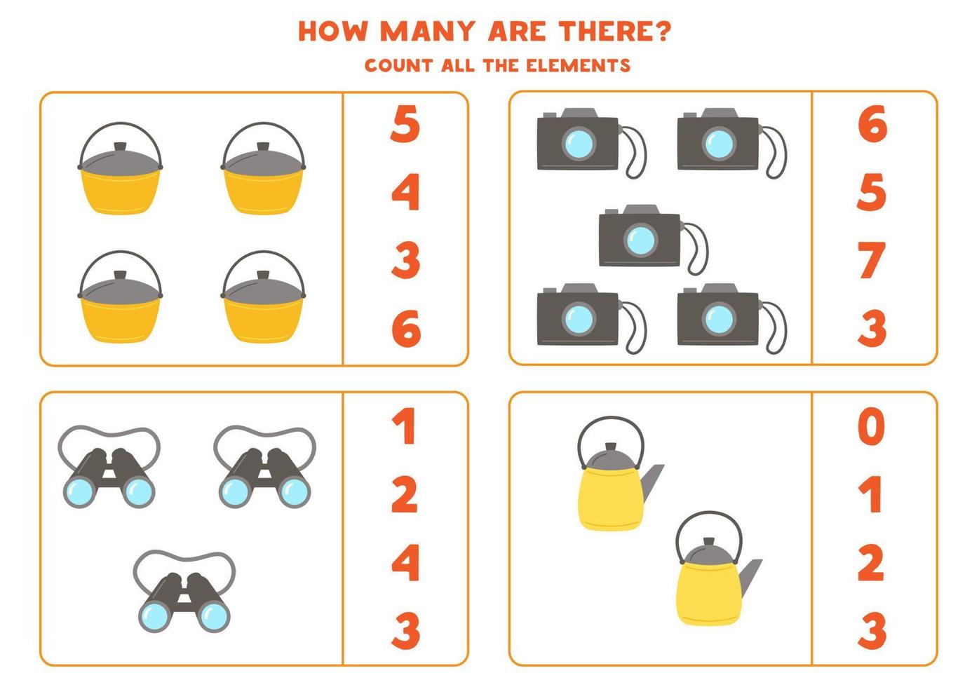 Counting game with camping elements. Educational worksheet. vector