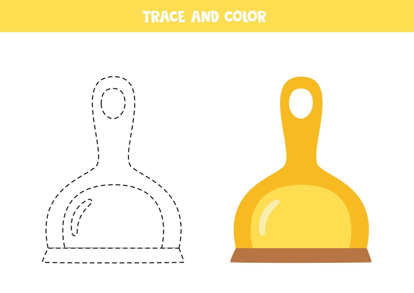 Trace and color yellow cartoon dustpan. Worksheet for children. vector