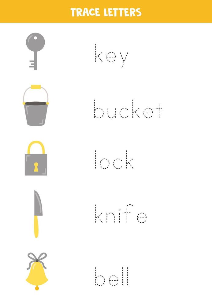 Trace words. Educational game for kids. Metal objects. vector