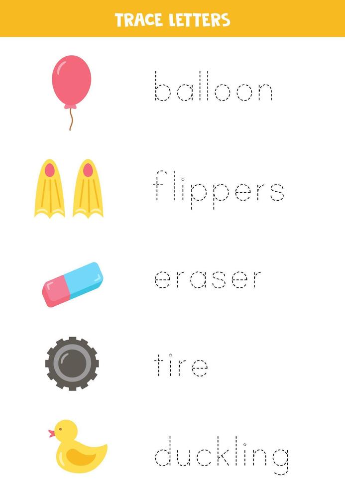 Trace words. Educational game for kids. Rubber objects. vector