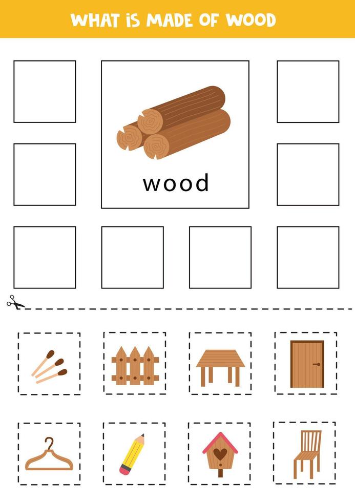 lo que está hecho de madera. Aprendiendo materiales. tarjetas educativas. corta y pega. vector