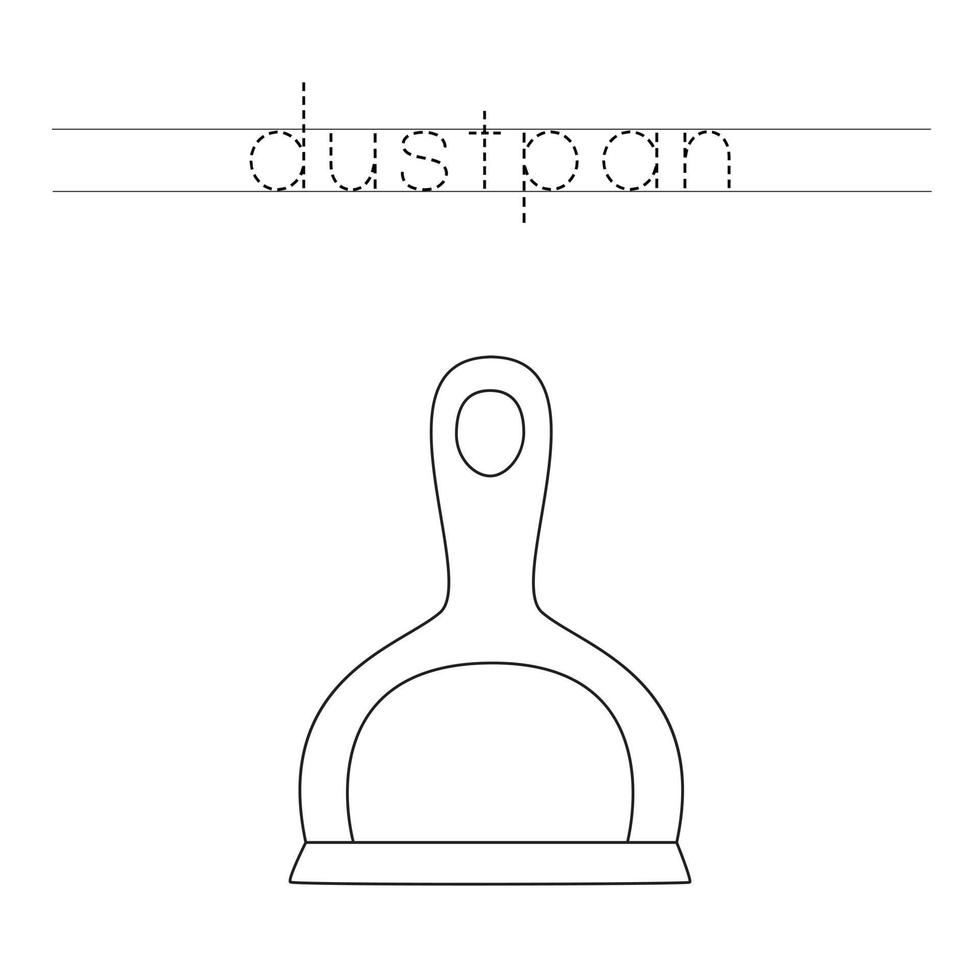Trace word and color plastic dustpan. Worksheet for kids. vector