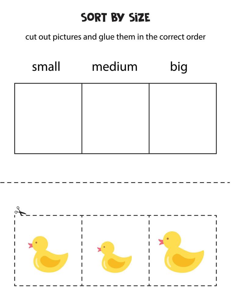 ordenar las imágenes por tamaño. hoja de trabajo educativa para niños. vector