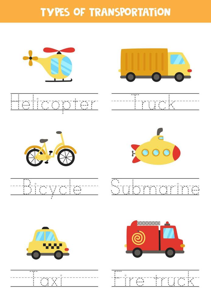 Tracing names of transportation means. Writing practice. vector