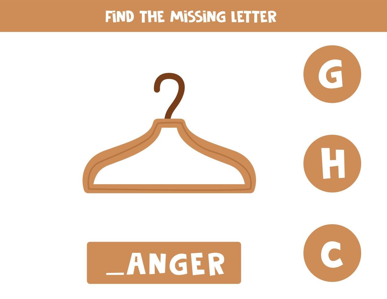 Find missing letter with wooden hanger. Spelling worksheet. vector