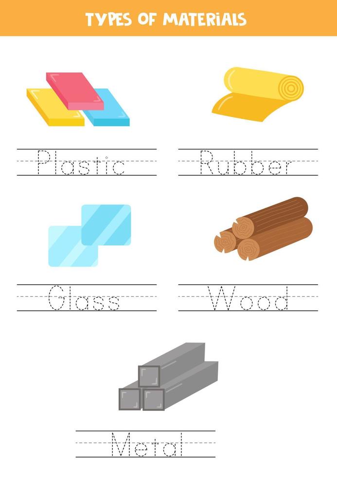 rastreo de nombres de tipos de materiales. Practica de la escritura. vector