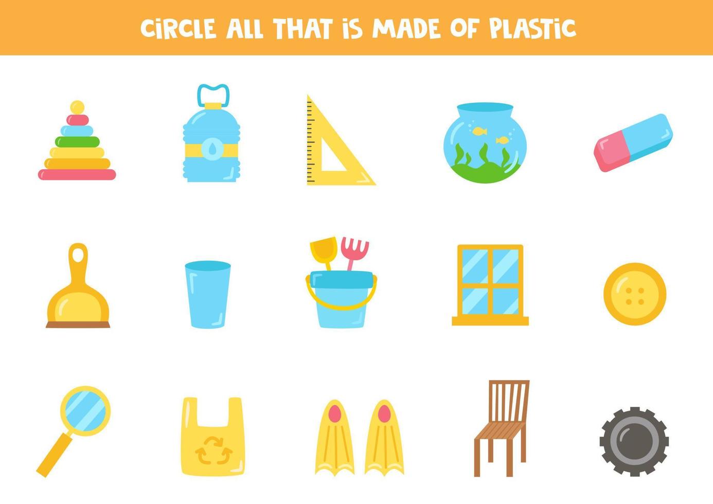 Find all plastic objects. Educational worksheet for children. vector
