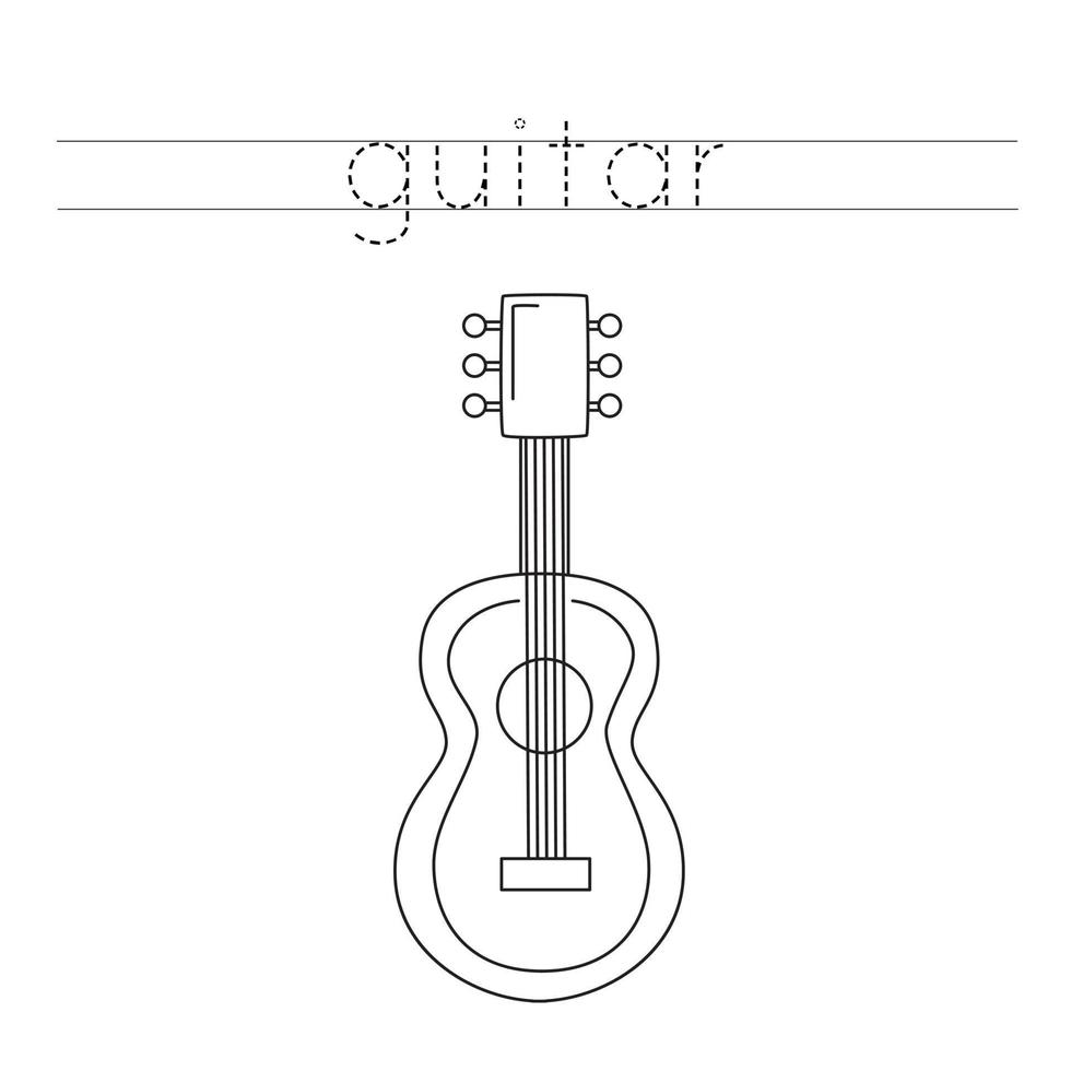 Trace the letters and color cartoon guitar. Handwriting practice for kids. vector