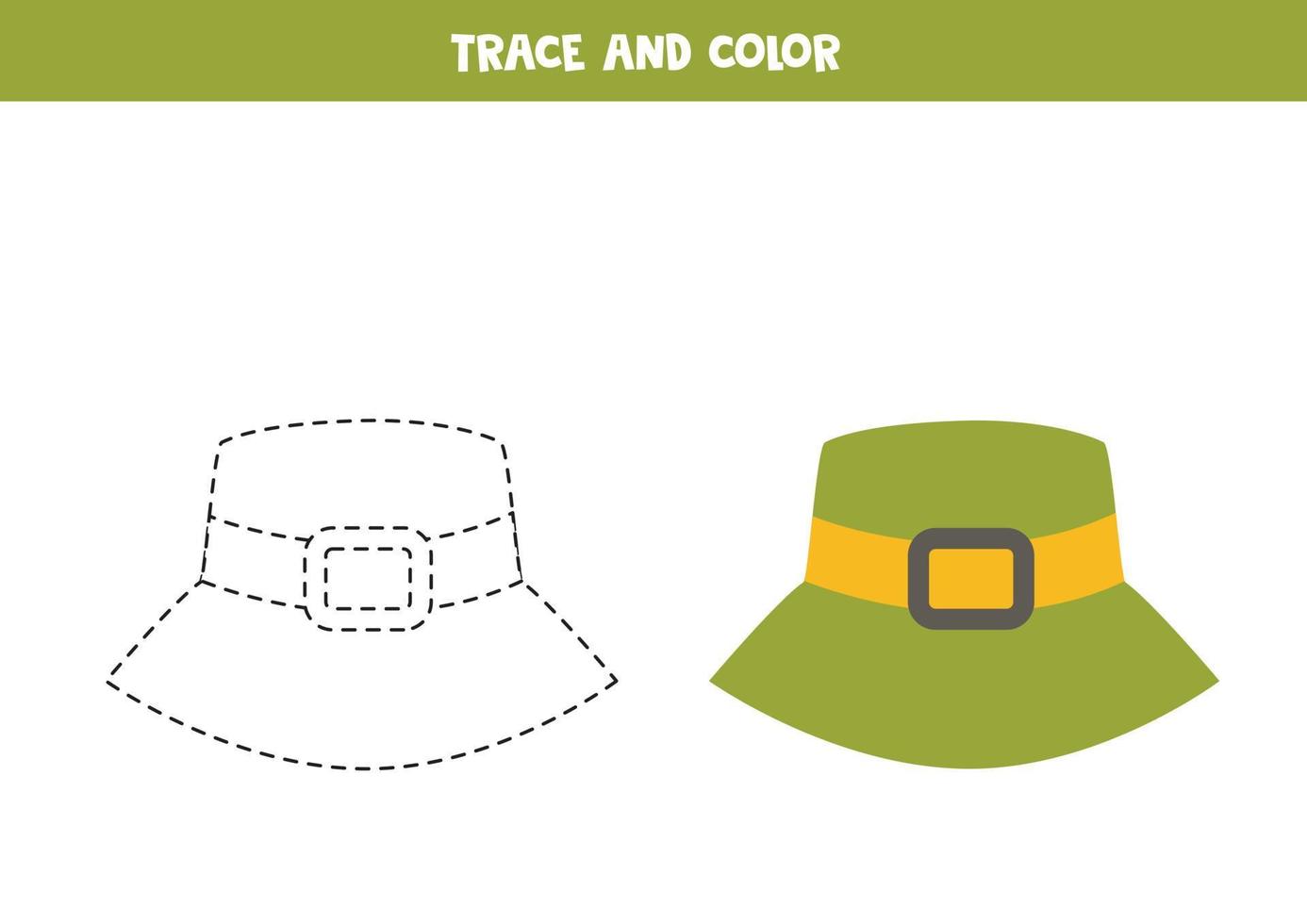 Trace and color green travel hat. Worksheet for children. vector