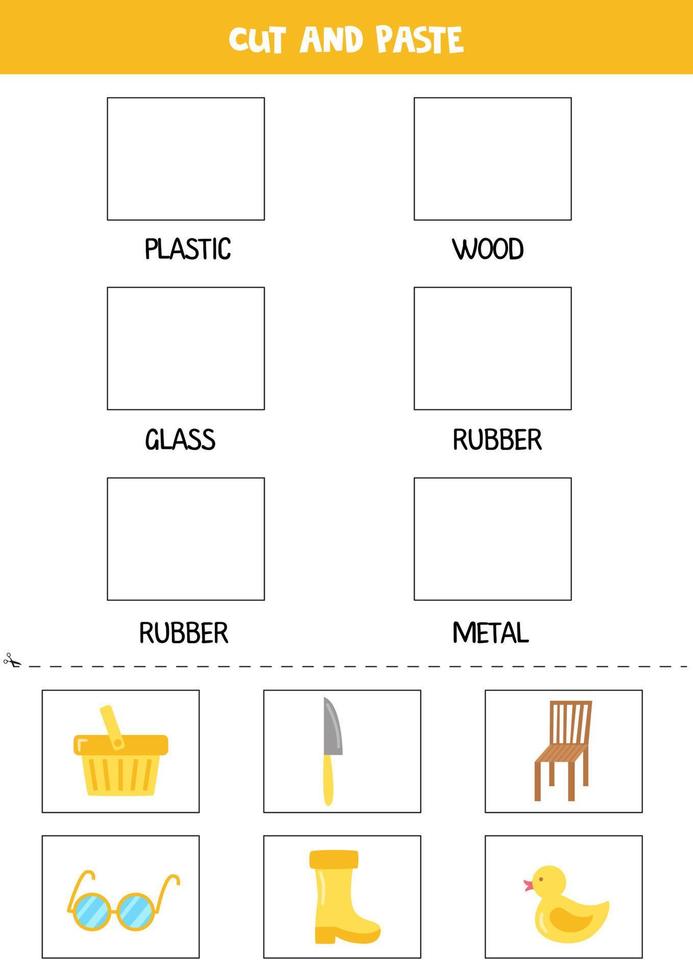 Corta imágenes y pégalas en los cuadros correctos. hoja de trabajo para niños. vector