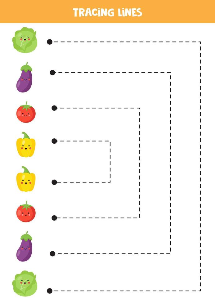 Tracing lines for kids. Cute cartoon vegetables. Writing practice. vector