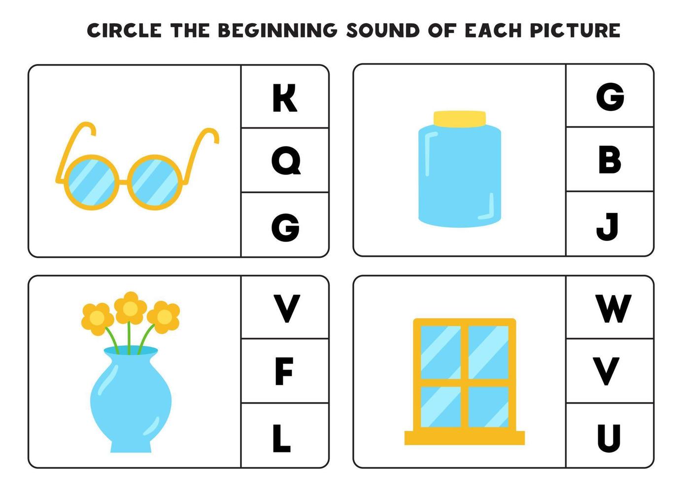 Worksheet for kids. Find the beginning sound of glass objects. vector