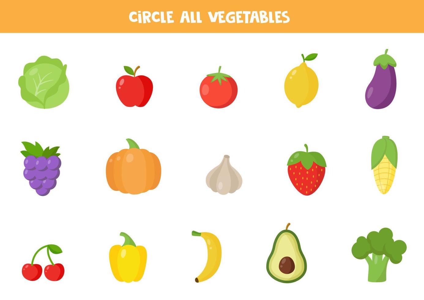 Find all vegetables. Educational worksheet for children. vector