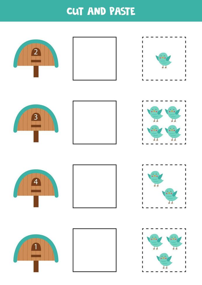 juego de matemáticas para niños. cuenta y pega lindos pájaros en pajareras. vector