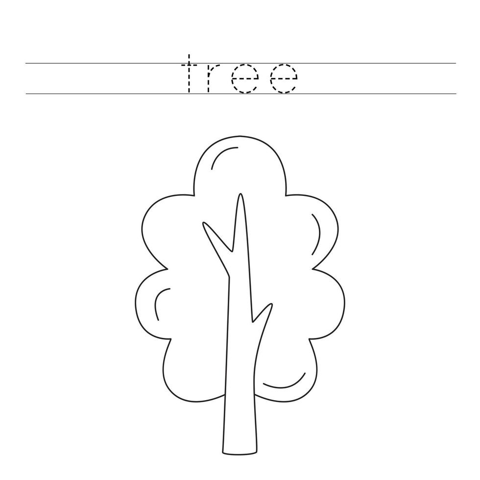 Trace the letters and color cartoon tree. Handwriting practice for kids. vector