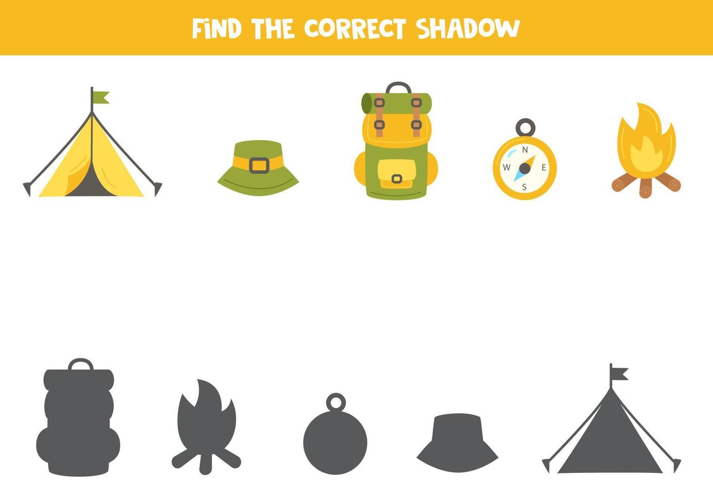 Find the correct shadows of cartoon camping elements. Logical puzzle for kids. vector
