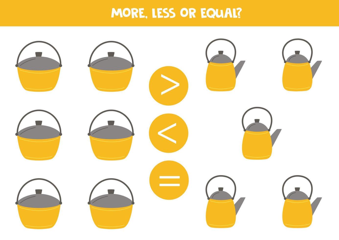 More, less, equal with cauldrons and kettles. vector