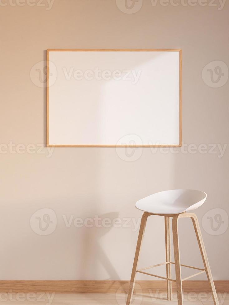 Modern and minimalist horizontal wooden poster or photo frame mockup on the wall in the living room. 3d rendering.