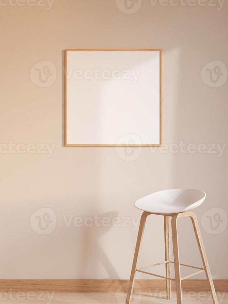 Modern and minimalist square wooden poster or photo frame mockup on the wall in the living room. 3d rendering.