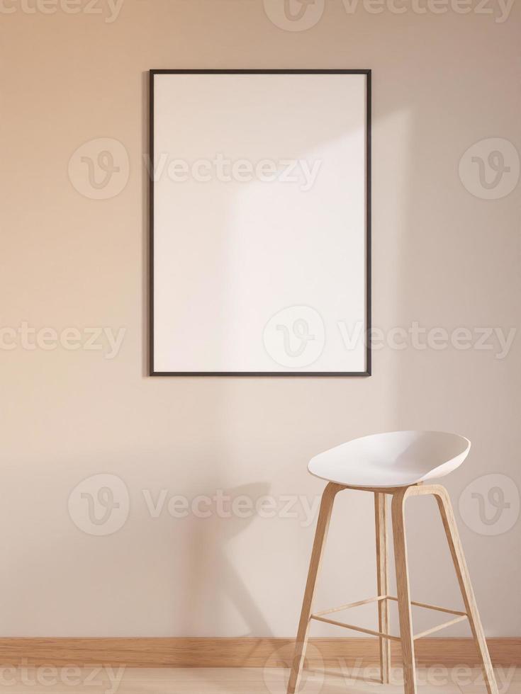 Modern and minimalist vertical black poster or photo frame mockup on the wall in the living room. 3d rendering.