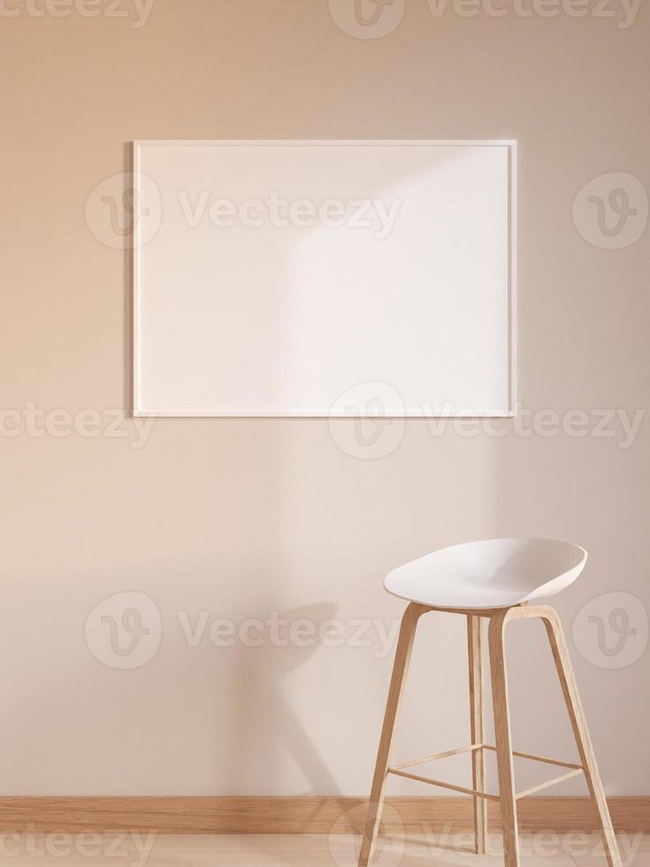 Modern and minimalist horizontal white poster or photo frame mockup on the wall in the living room. 3d rendering.