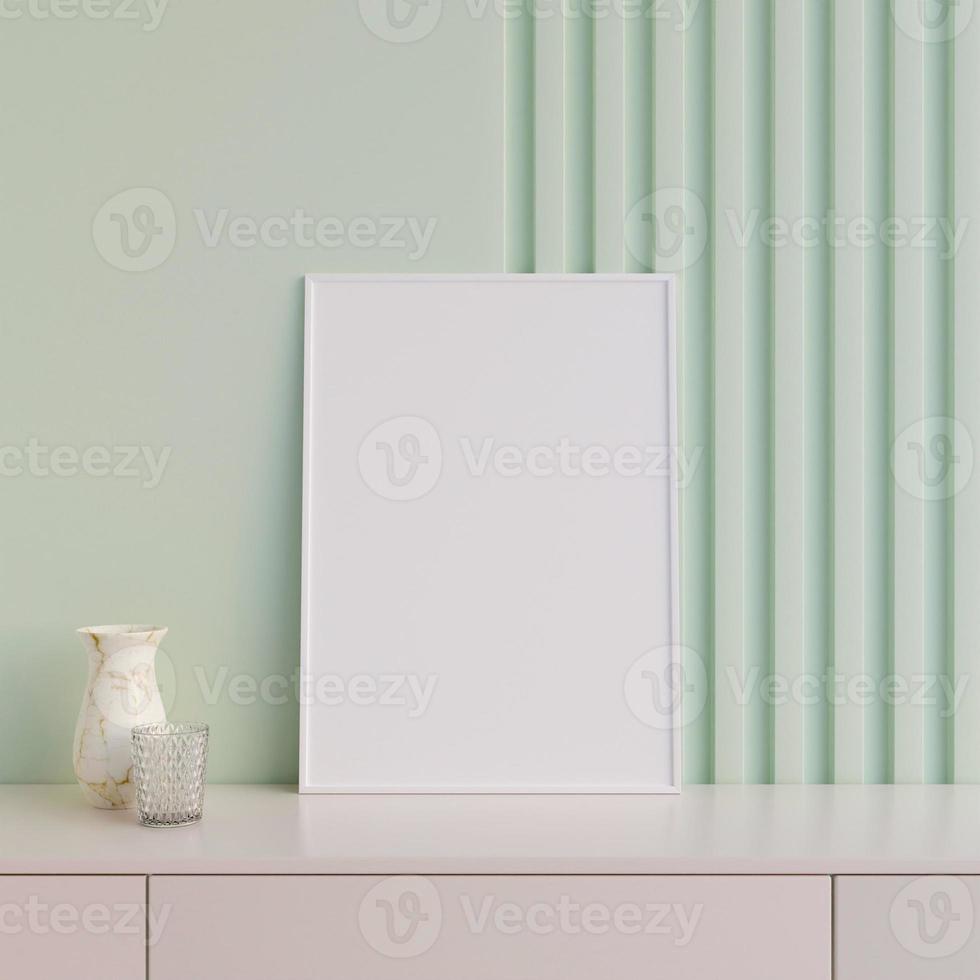 Modern and minimalist vertical white poster or photo frame mockup on the table in the living room. 3d rendering.