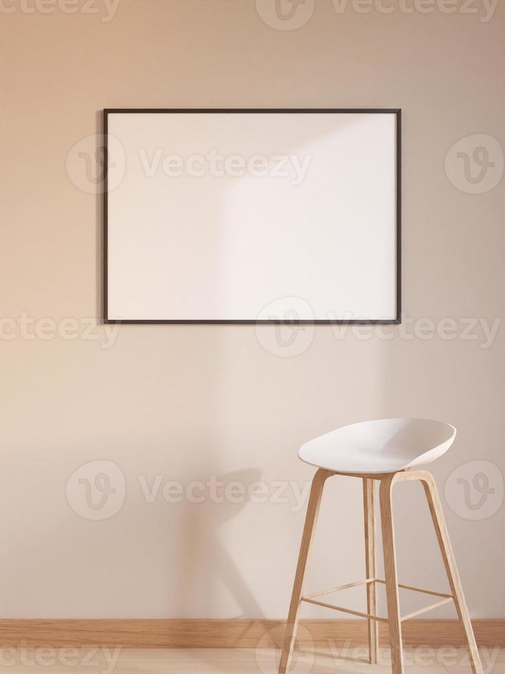 Modern and minimalist horizontal black poster or photo frame mockup on the wall in the living room. 3d rendering.