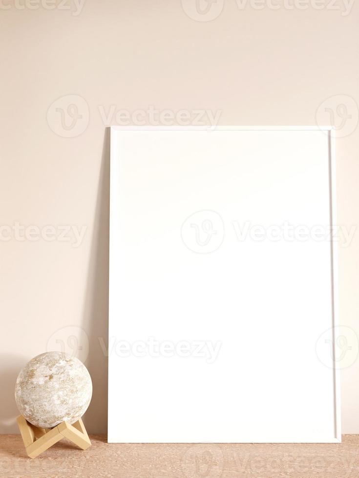 Modern and minimalist vertical white poster or photo frame mockup on the living room wooden table. 3d rendering.