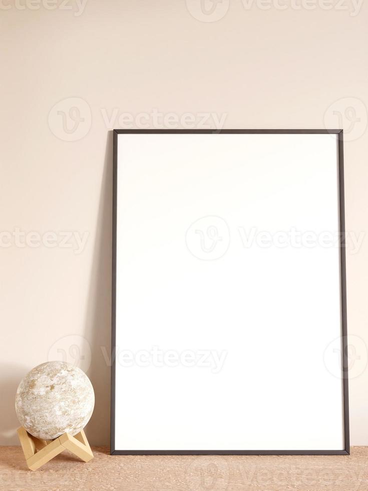 Modern and minimalist vertical black poster or photo frame mockup on the living room wooden table. 3d rendering.
