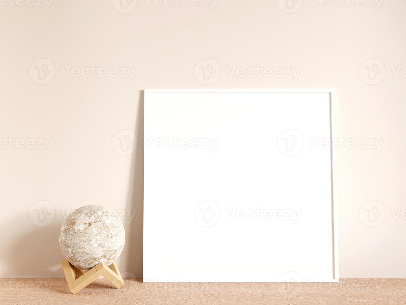 Modern and minimalist square white poster or photo frame mockup on the living room wooden table. 3d rendering.