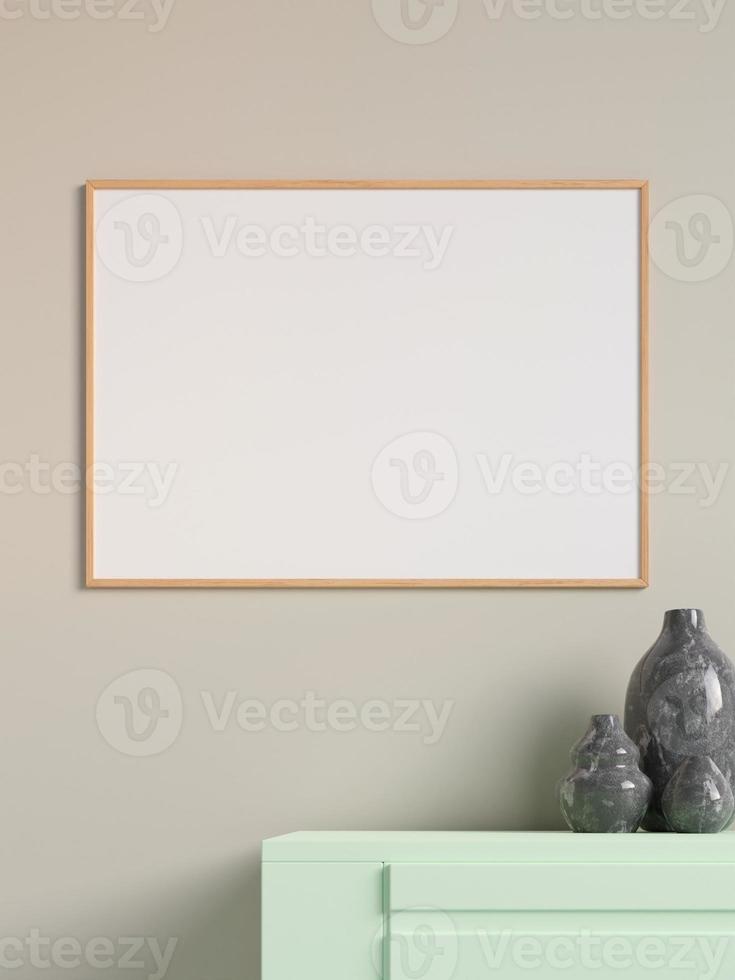 Modern and minimalist horizontal wooden poster or photo frame mockup on the wall in the living room. 3d rendering.