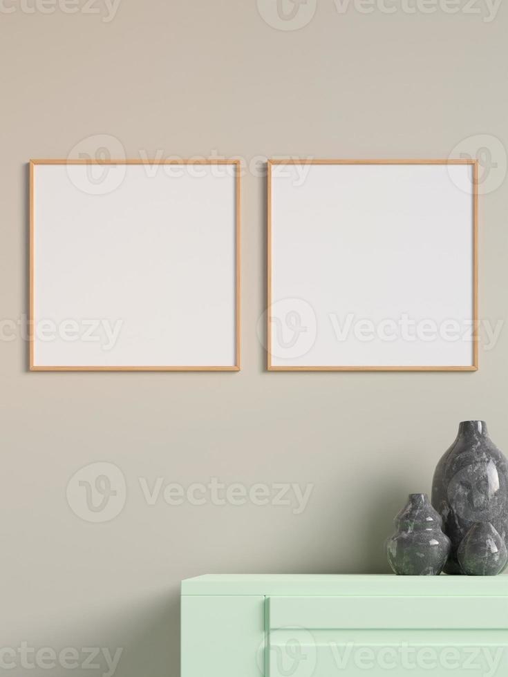 Twin modern and minimalist square wooden poster or photo frame mockup on the wall in the living room. 3d rendering.