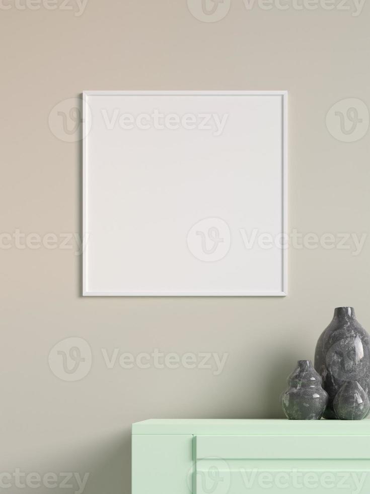 Modern and minimalist square white poster or photo frame mockup on the wall in the living room. 3d rendering.