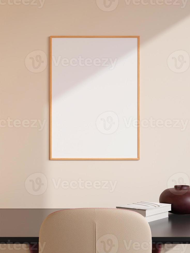 Modern and minimalist vertical wooden poster or photo frame mockup on the wall in the living room. 3d rendering.