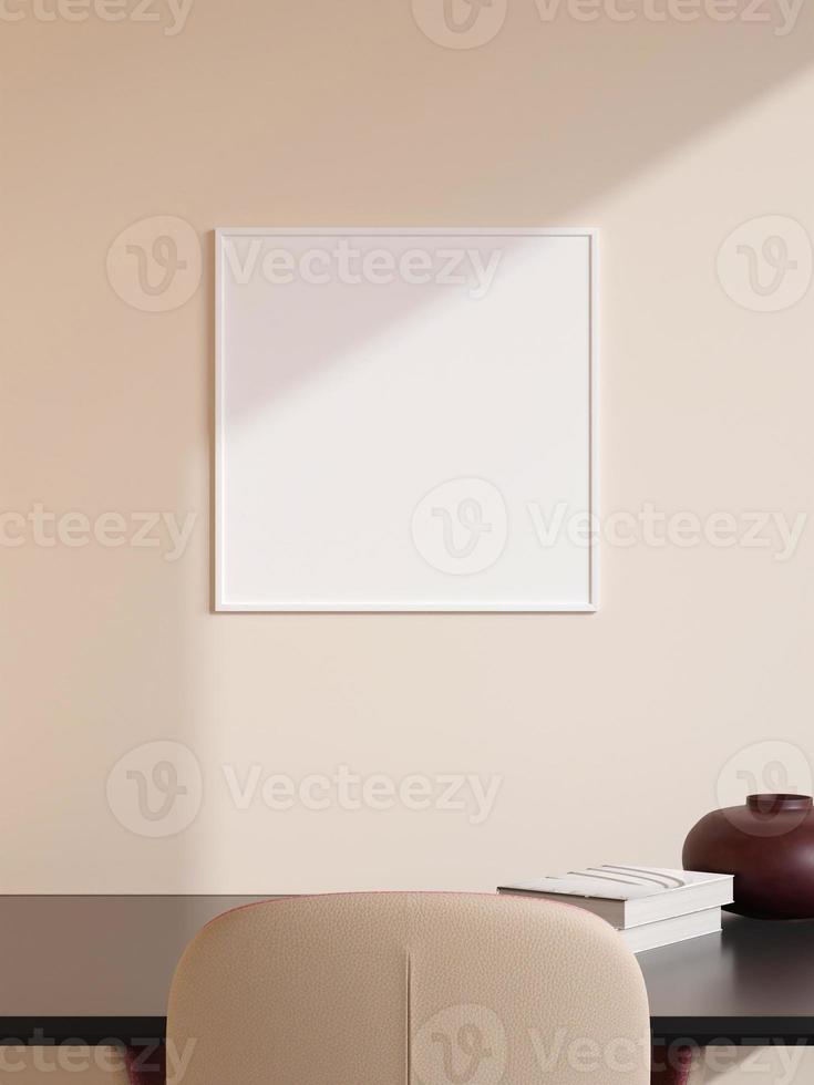 cartel blanco cuadrado moderno y minimalista o maqueta de marco de fotos en la pared de la sala de estar. representación 3d