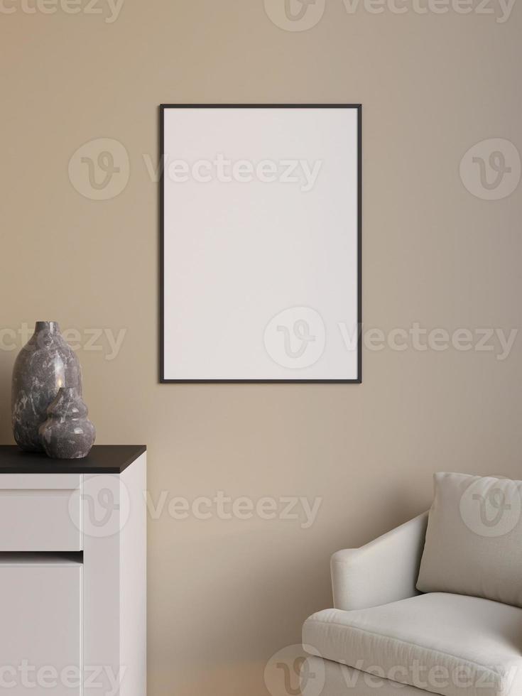 Simple and minimalist vertical black poster or photo frame mockup on the wall in the living room. 3d rendering.