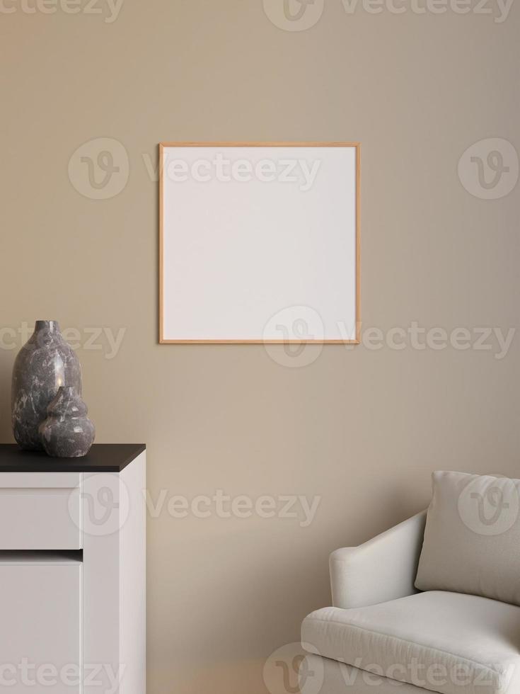 Simple and minimalist square wooden poster or photo frame mockup on the wall in the living room. 3d rendering.