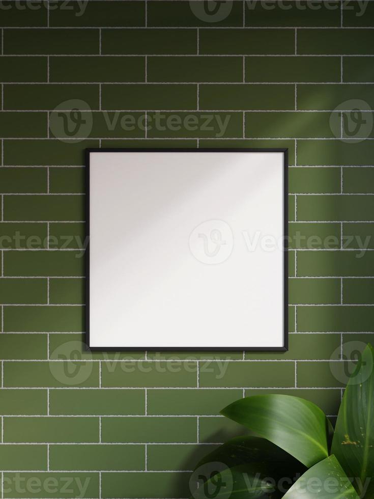 Modern and minimalist square black poster or photo frame mockup on the brick wall in a room with plant and shadow. 3d rendering.