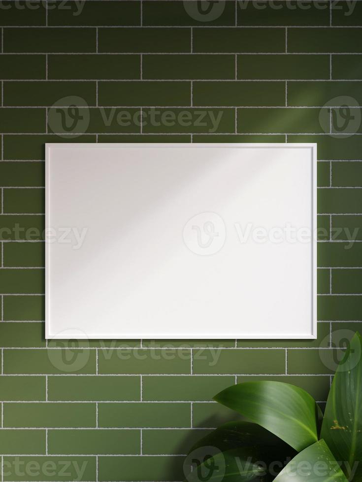 Modern and minimalist horizontal white poster or photo frame mockup on the brick wall in a room with plant and shadow. 3d rendering.
