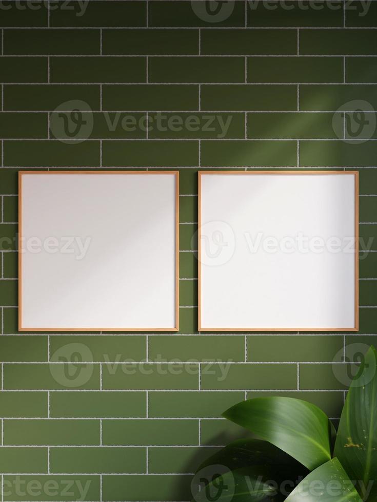 Double modern and minimalist square wooden poster or photo frame mockup on the brick wall in a room with plant and shadow. 3d rendering.