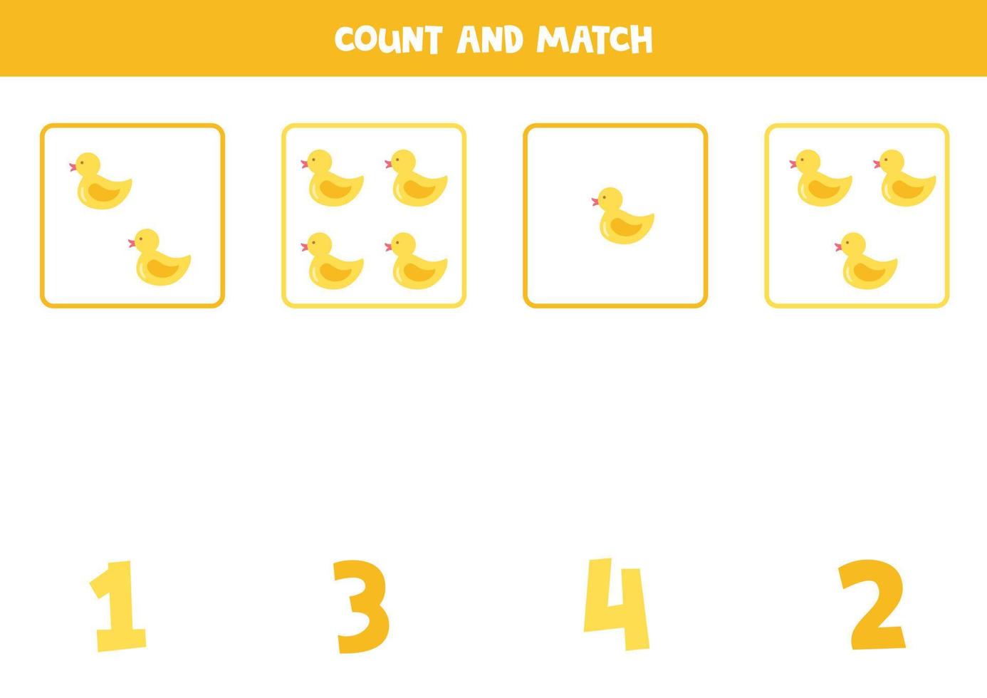 juego de conteo para niños. cuenta todos los patitos de goma y haz coincidir con los números. hoja de trabajo para niños. vector