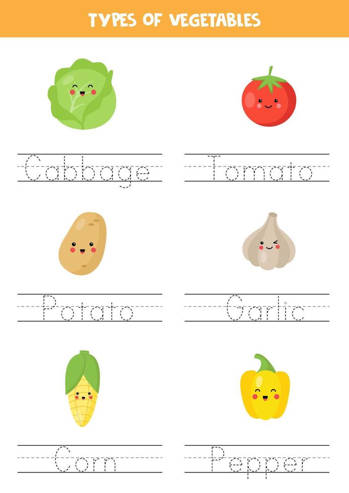 Tracing names of vegetables. Writing practice. vector
